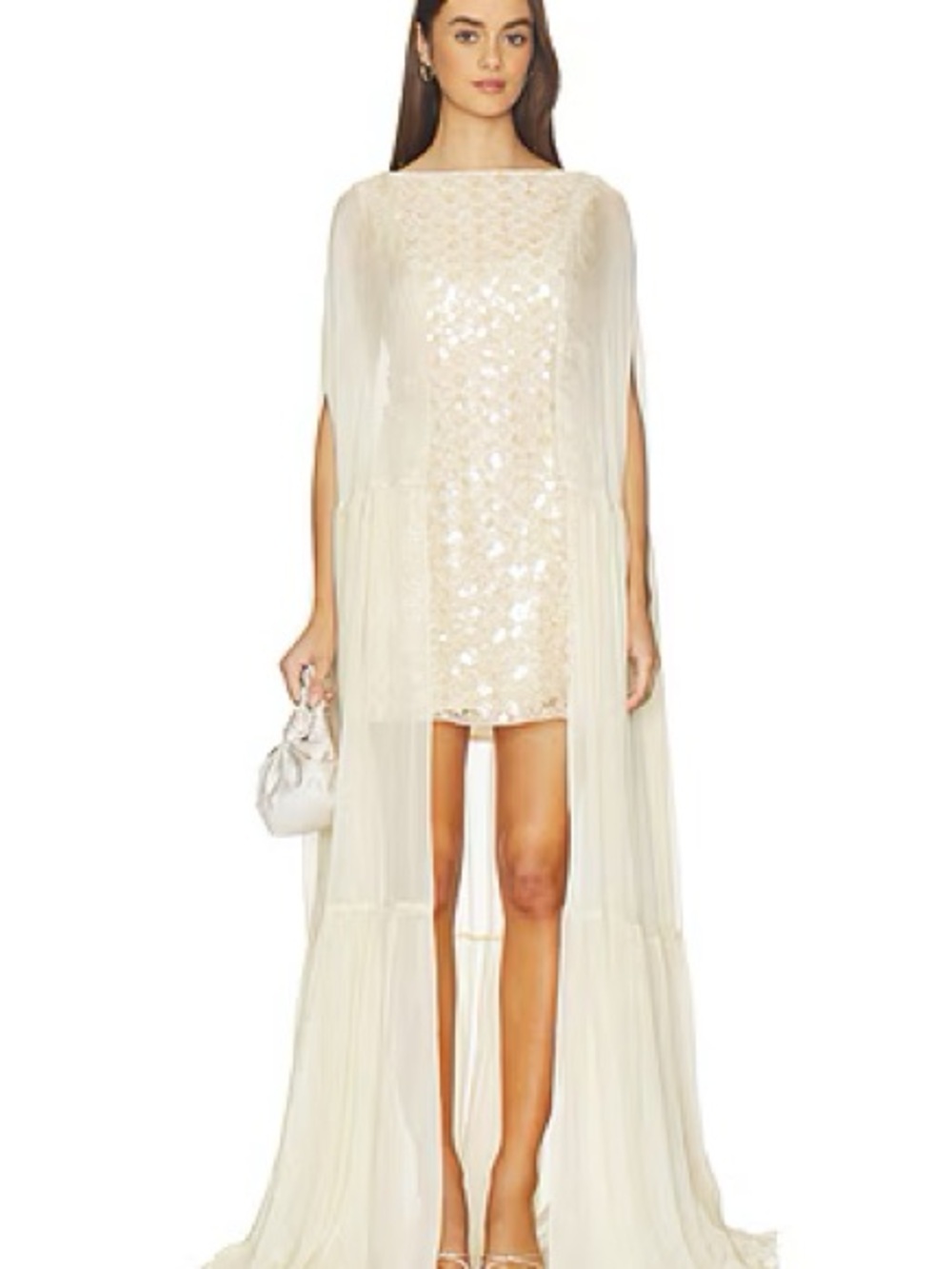 Off-White Floral Sequin Mini Dress with Sheer Cape